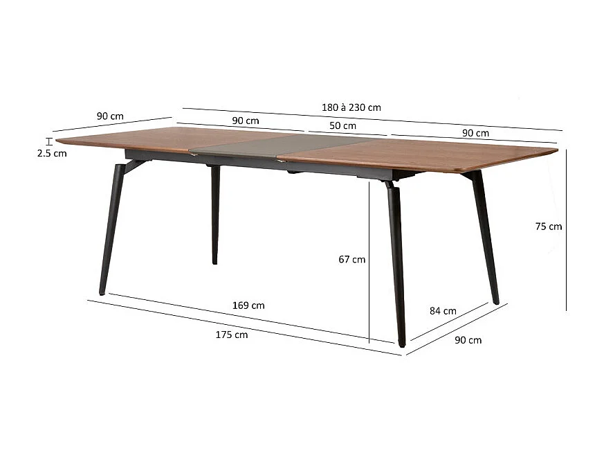 Table extensible 180 à 230 cm plaquée en noyer et pieds métal - CARSON