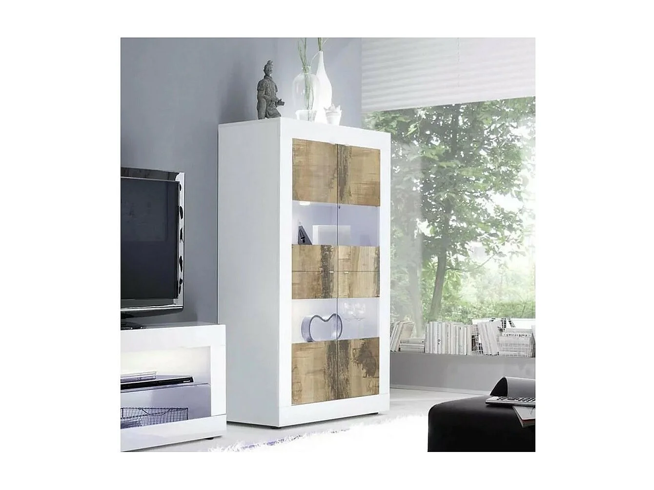 Vetrina 4 porte, collezione ISORA, color bianco lucido laccato e rovere chiaro