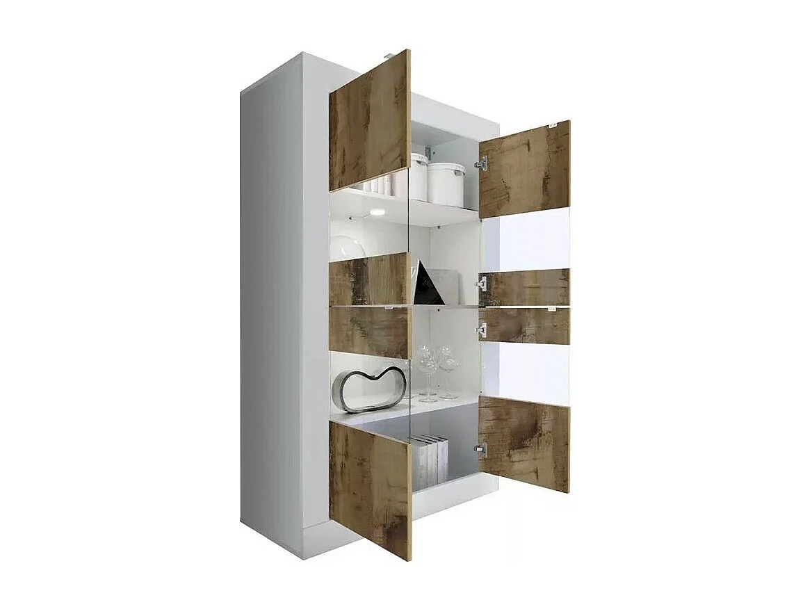 Vetrina 4 porte, collezione ISORA, color bianco lucido laccato e rovere chiaro