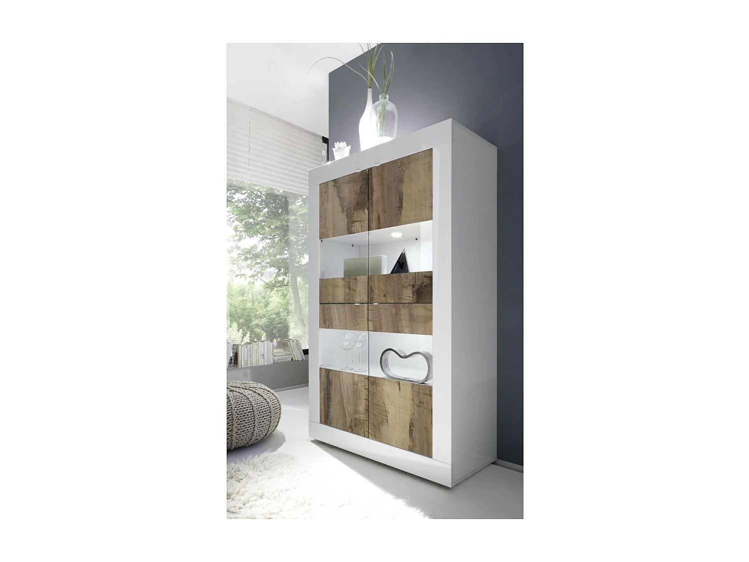 Vetrina 4 porte, collezione ISORA, color bianco lucido laccato e rovere chiaro