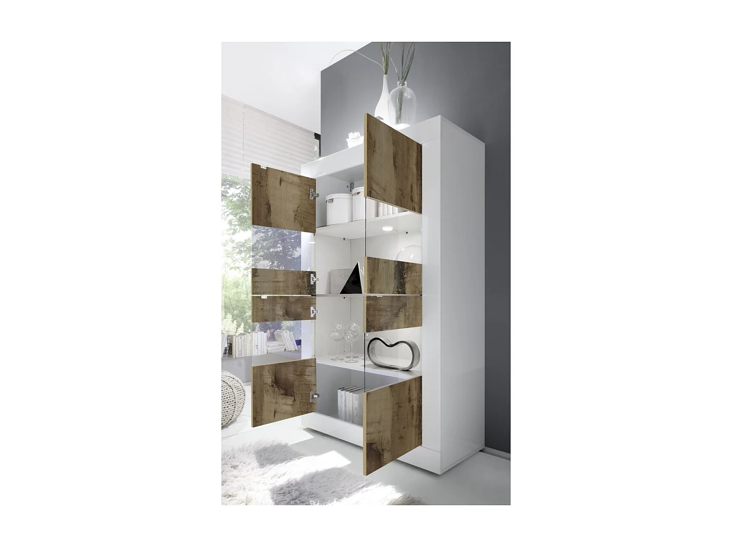 Vetrina 4 porte, collezione ISORA, color bianco lucido laccato e rovere chiaro