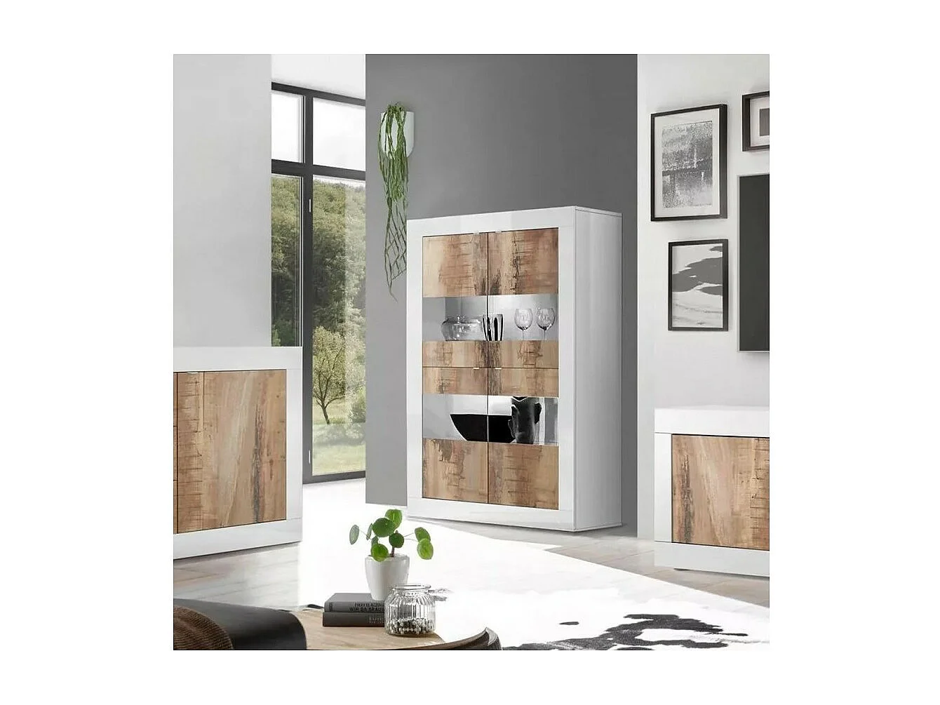 Vetrina 4 porte, collezione ISORA, color bianco lucido laccato e rovere chiaro