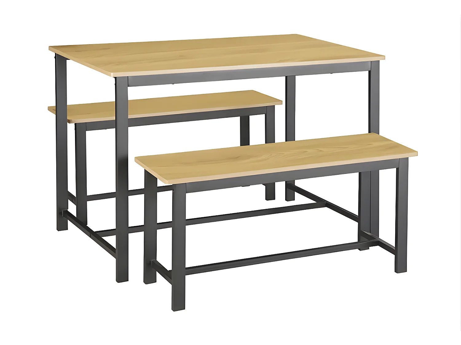 Ensemble table + 2 bancs métal et bois - Naturel