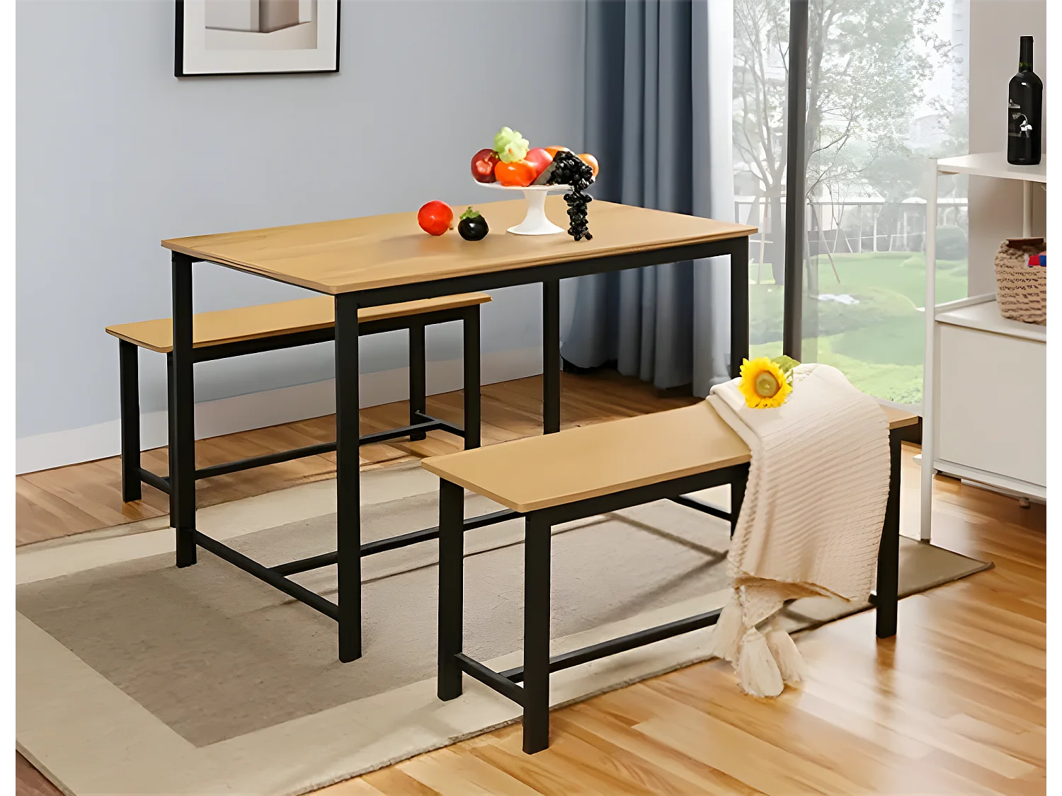 Ensemble table + 2 bancs métal et bois - Naturel