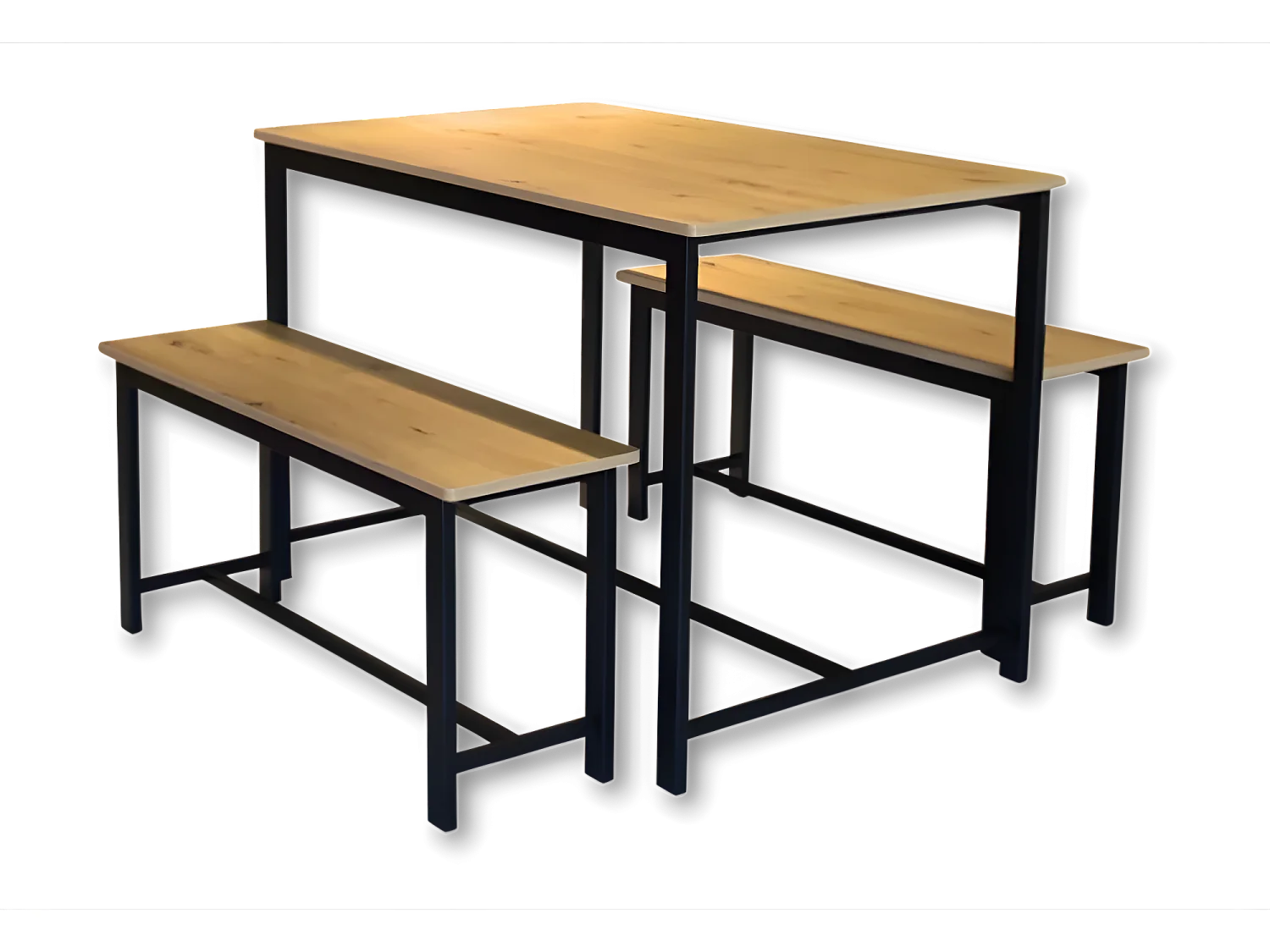 Ensemble table + 2 bancs métal et bois - Naturel