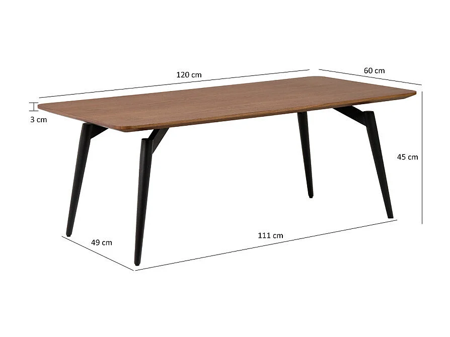 Table basse 120 cm plaquée bois de noyer et pieds métal noir - CARSON