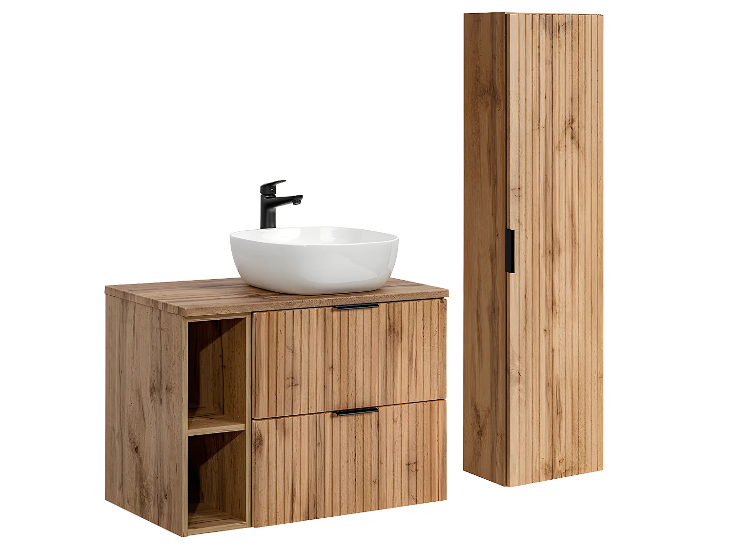 Ensemble meuble simple vasque 80cm 2 niches et colonne Adriel Bois