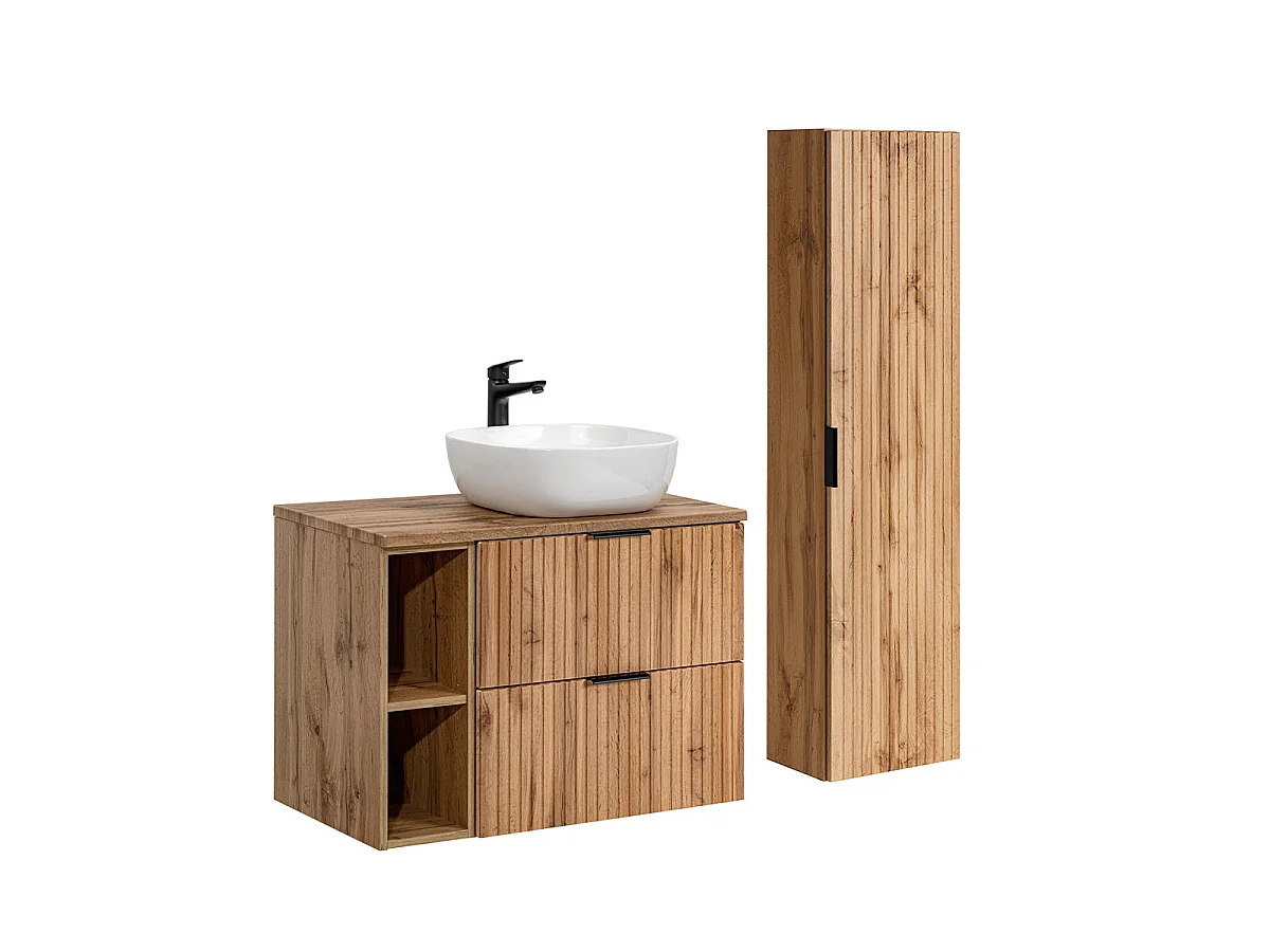 Ensemble meuble simple vasque 80cm 2 niches et colonne Adriel Bois