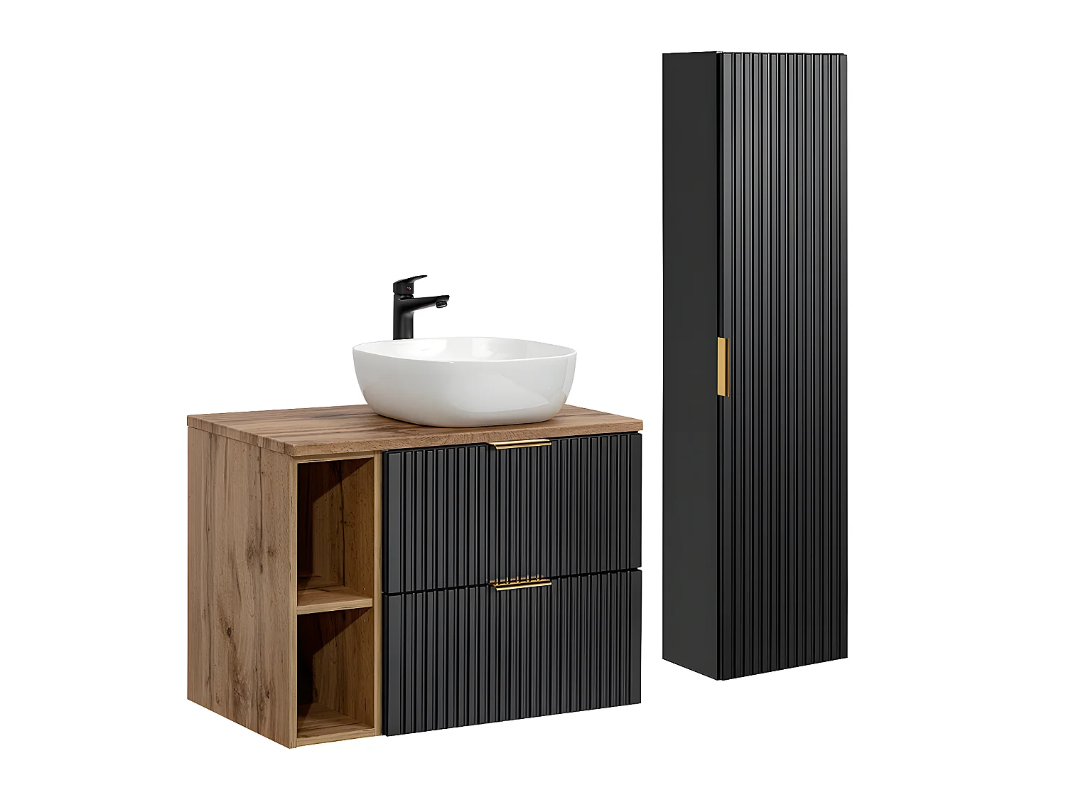 Ensemble meuble simple vasque 80cm 2 niches et colonne Adriel Noir et Bois