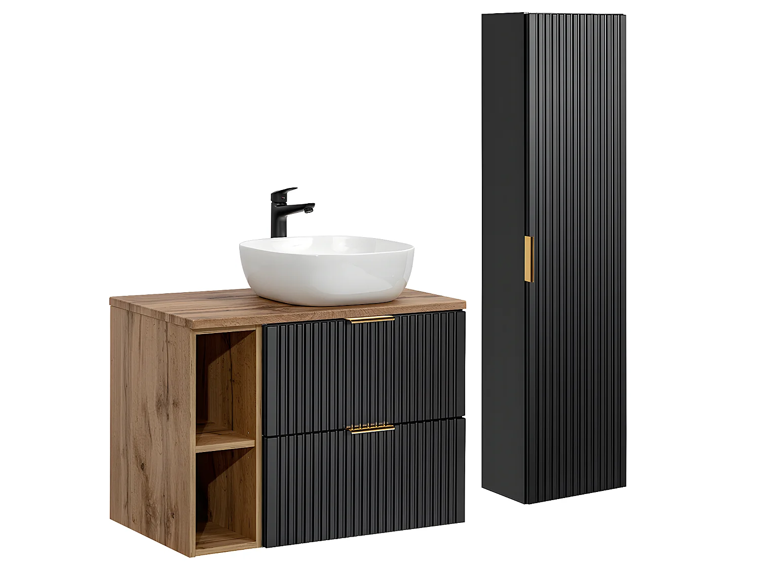 Enkele wastafel 80cm 2 nissen en sokkel Adriel Zwart en Hout