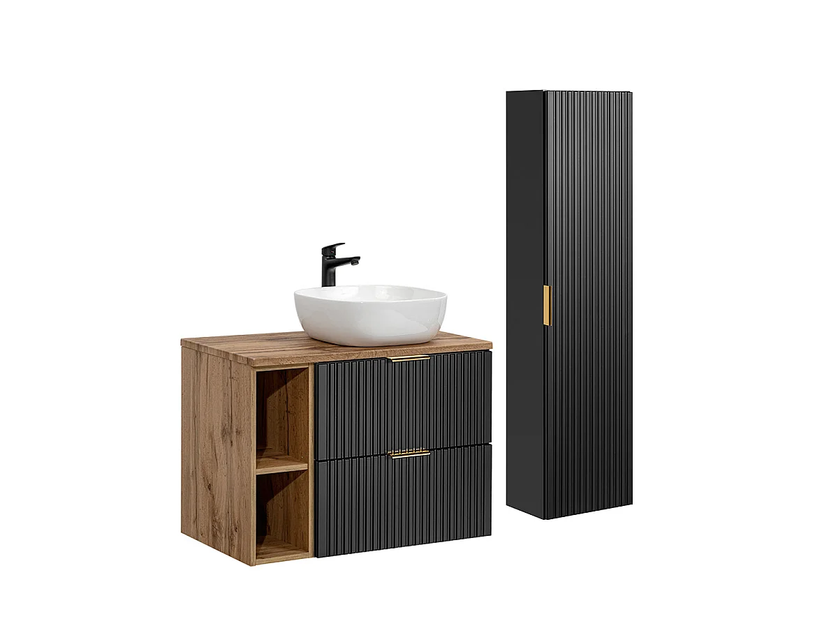Ensemble meuble simple vasque 80cm 2 niches et colonne Adriel Noir et Bois