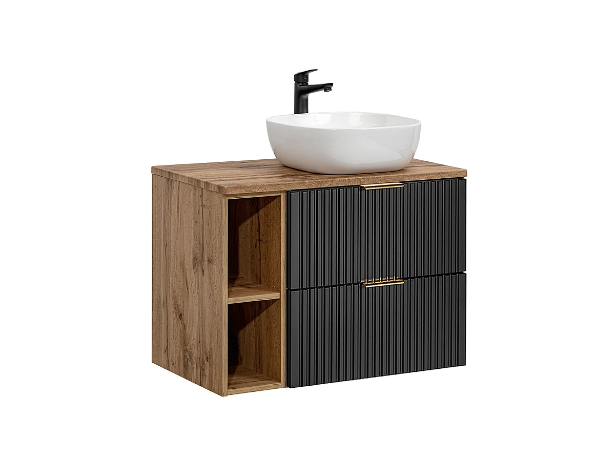 Ensemble meuble simple vasque 80cm 2 niches et colonne Adriel Noir et Bois