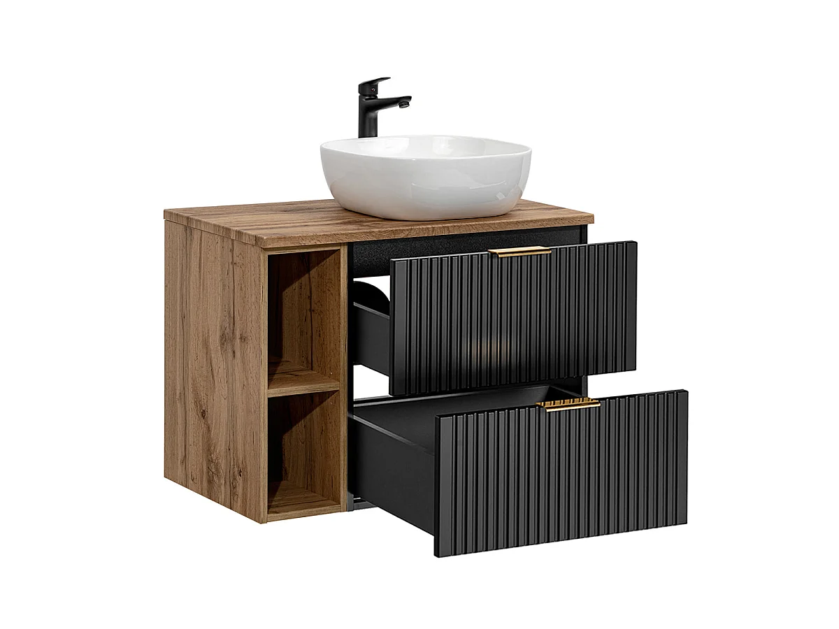 Ensemble meuble simple vasque 80cm 2 niches et colonne Adriel Noir et Bois