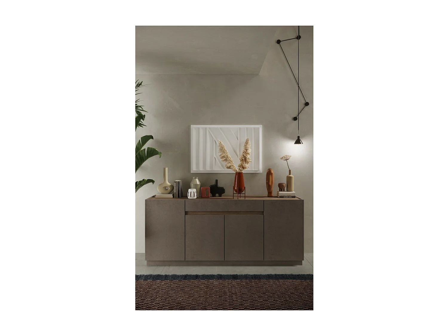 Sideboard mit 4 Türen und 1 Schublade, Kollektion FANZY. Farbe Braun und Dunkel-Eiche.