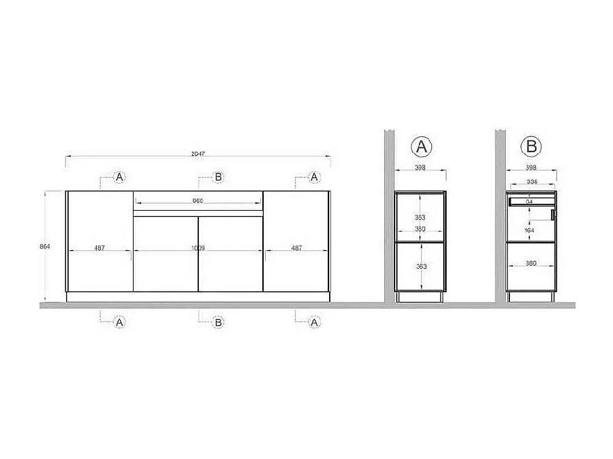 Sideboard mit 4 Türen und 1 Schublade, Kollektion FANZY. Farbe Braun und Dunkel-Eiche.