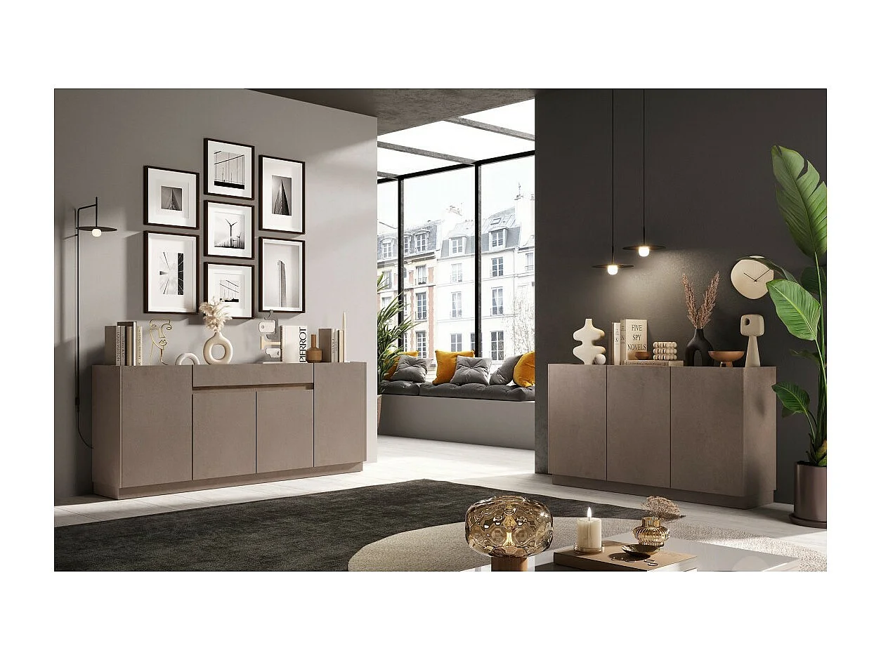 Sideboard mit 4 Türen und 1 Schublade, Kollektion FANZY. Farbe Braun und Dunkel-Eiche.