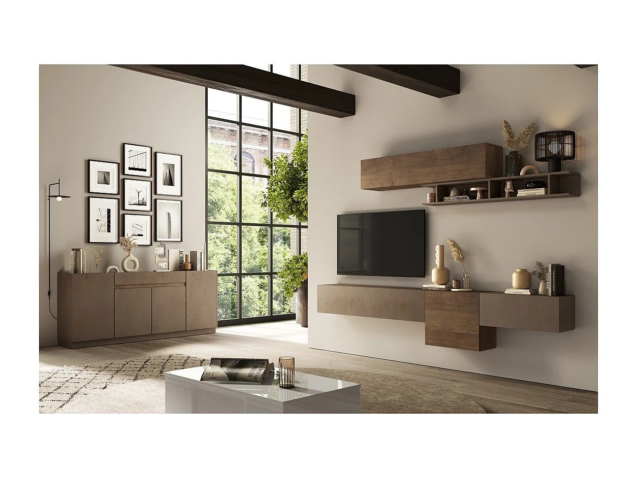 Sideboard mit 4 Türen und 1 Schublade, Kollektion FANZY. Farbe Braun und Dunkel-Eiche.