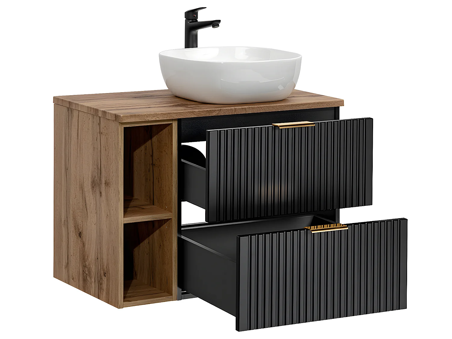 Meuble simple vasque 80cm 2 niches Adriel Noir et Bois
