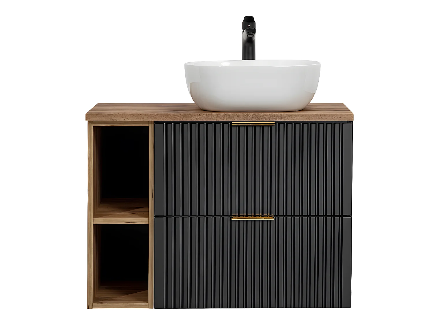 Meuble simple vasque 80cm 2 niches Adriel Noir et Bois