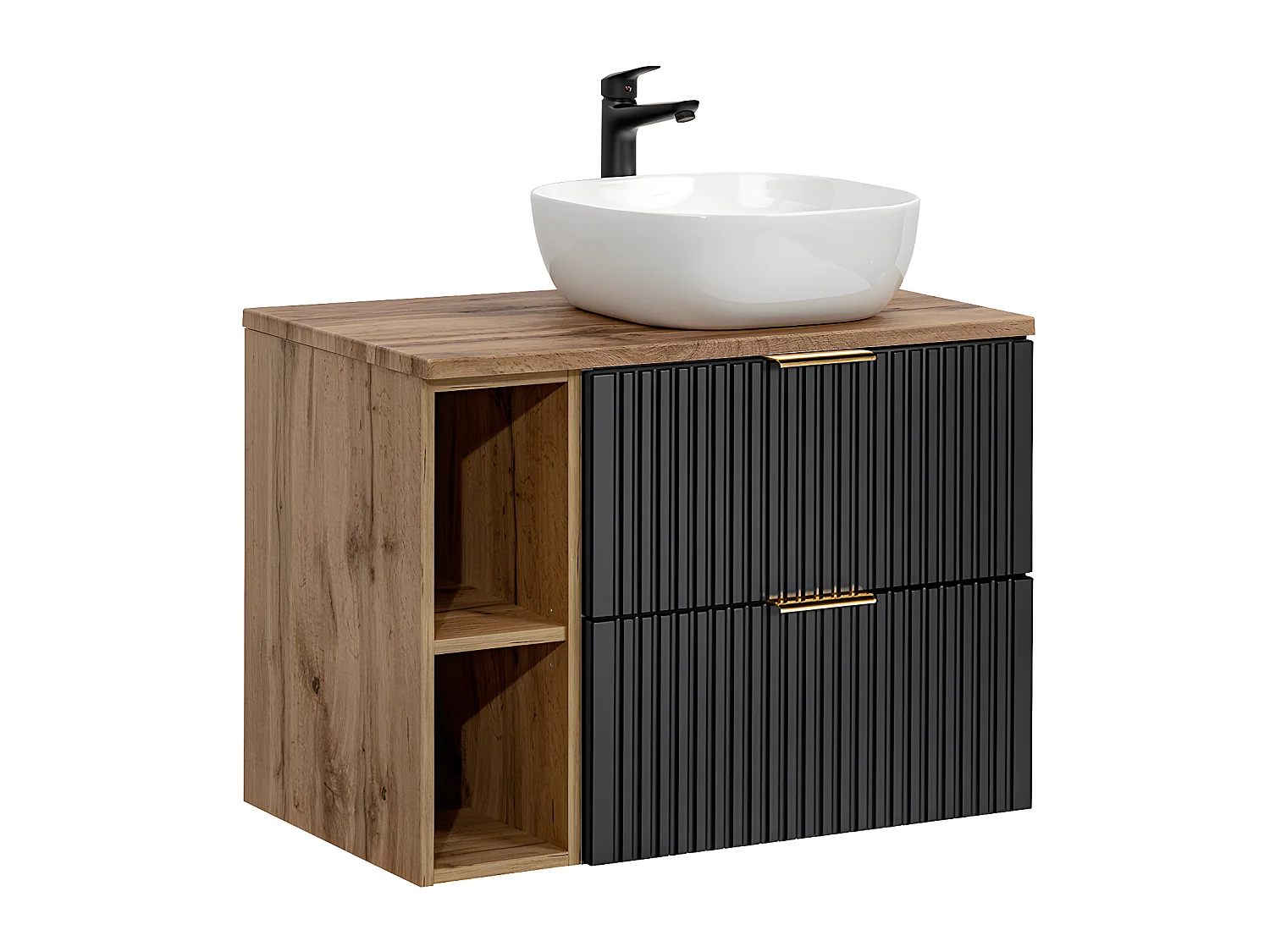Enkele wastafel 80cm 2 nissen Adriel Zwart en Hout