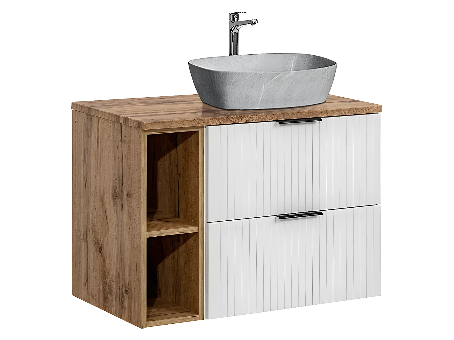 Meuble simple vasque effet pierre 80cm 2 niches Adriel Blanc