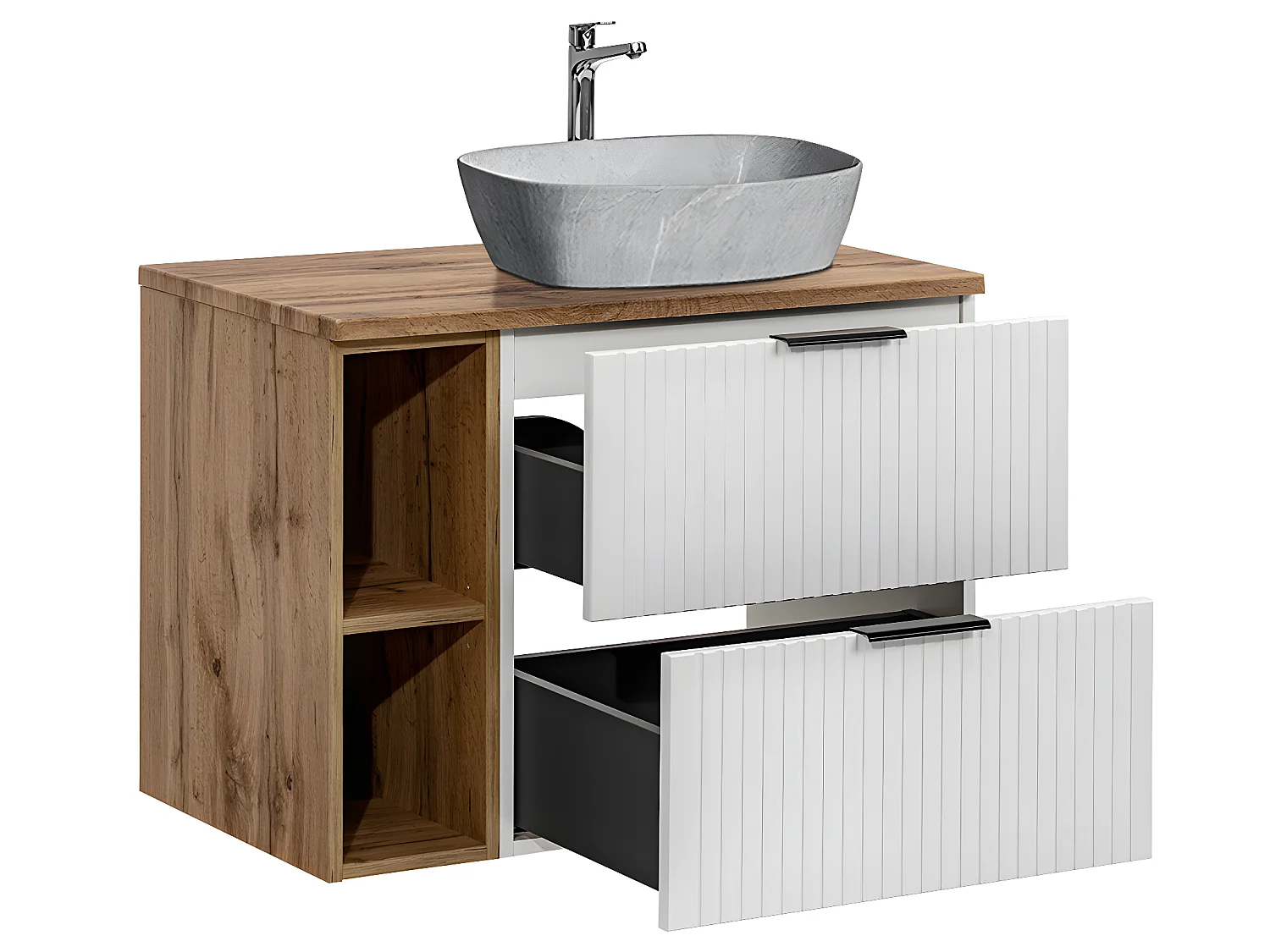 Meuble simple vasque effet pierre 80cm 2 niches Adriel Blanc