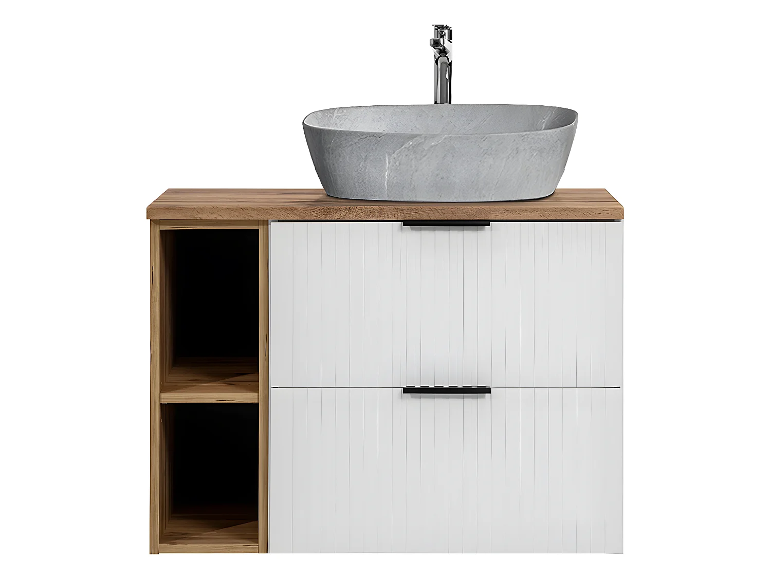 Meuble simple vasque effet pierre 80cm 2 niches Adriel Blanc