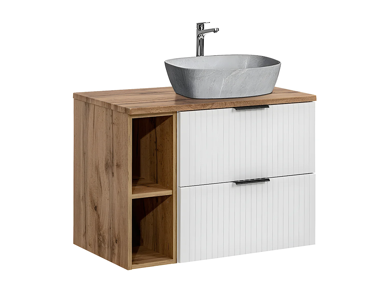 Meuble simple vasque effet pierre 80cm 2 niches Adriel Blanc