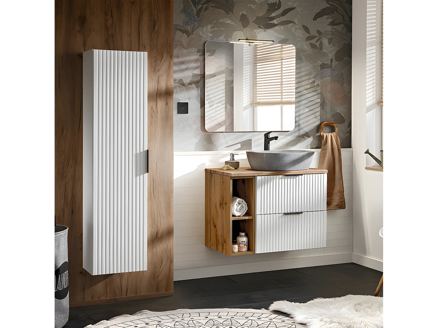 Mueble lavabo individual efecto piedra 80 cm 2 nichos Adriel blanco