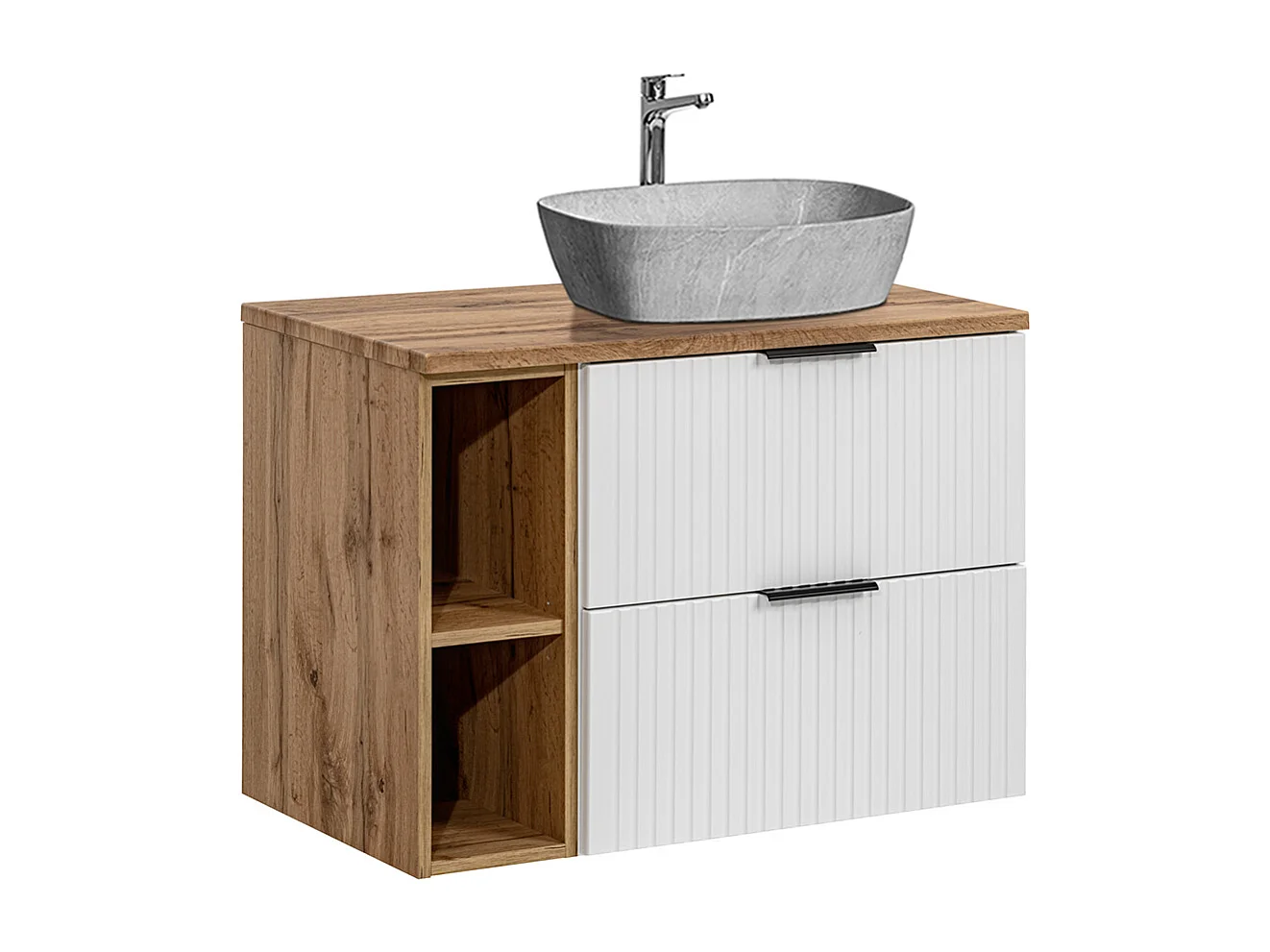 Enkele wastafel met steeneffect 80cm 2 nissen Adriel Wit
