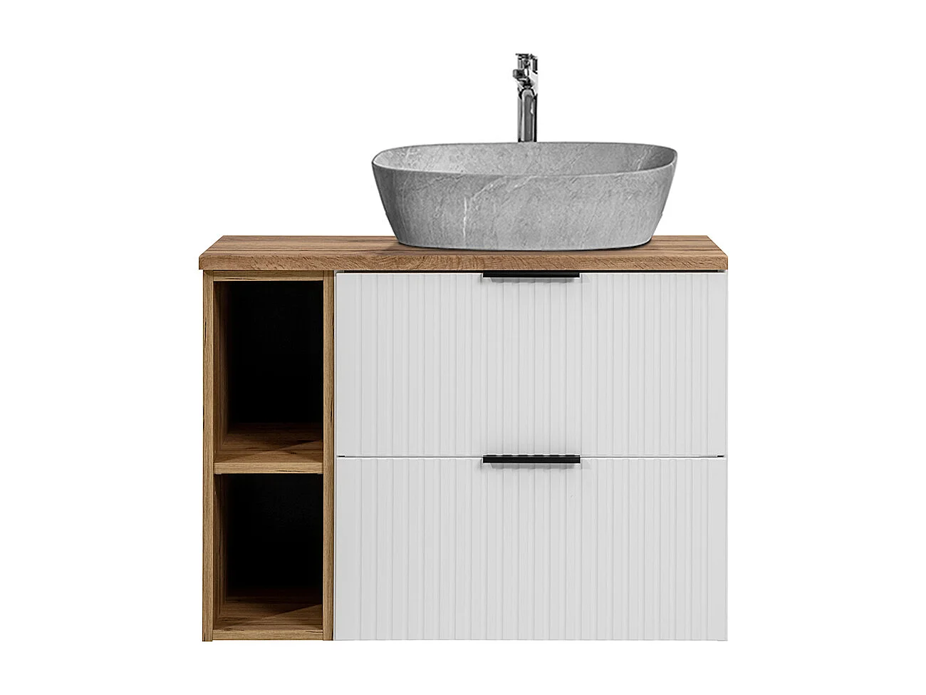 Enkele wastafel met steeneffect 80cm 2 nissen Adriel Wit
