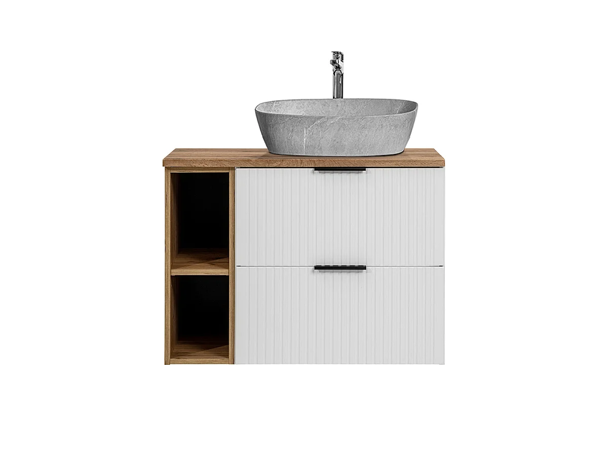 Meuble simple vasque effet pierre 80cm 2 niches Adriel Blanc