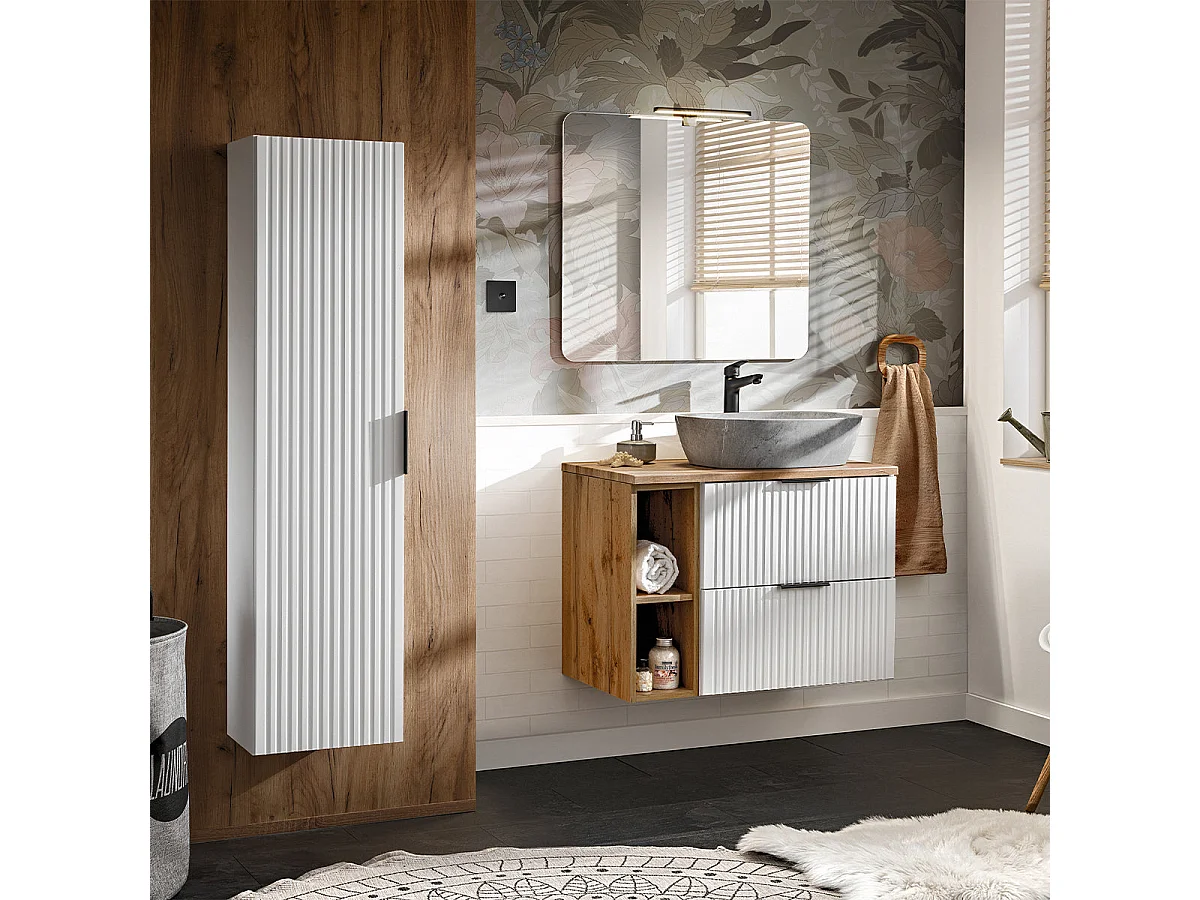 Meuble simple vasque effet pierre 80cm 2 niches Adriel Blanc