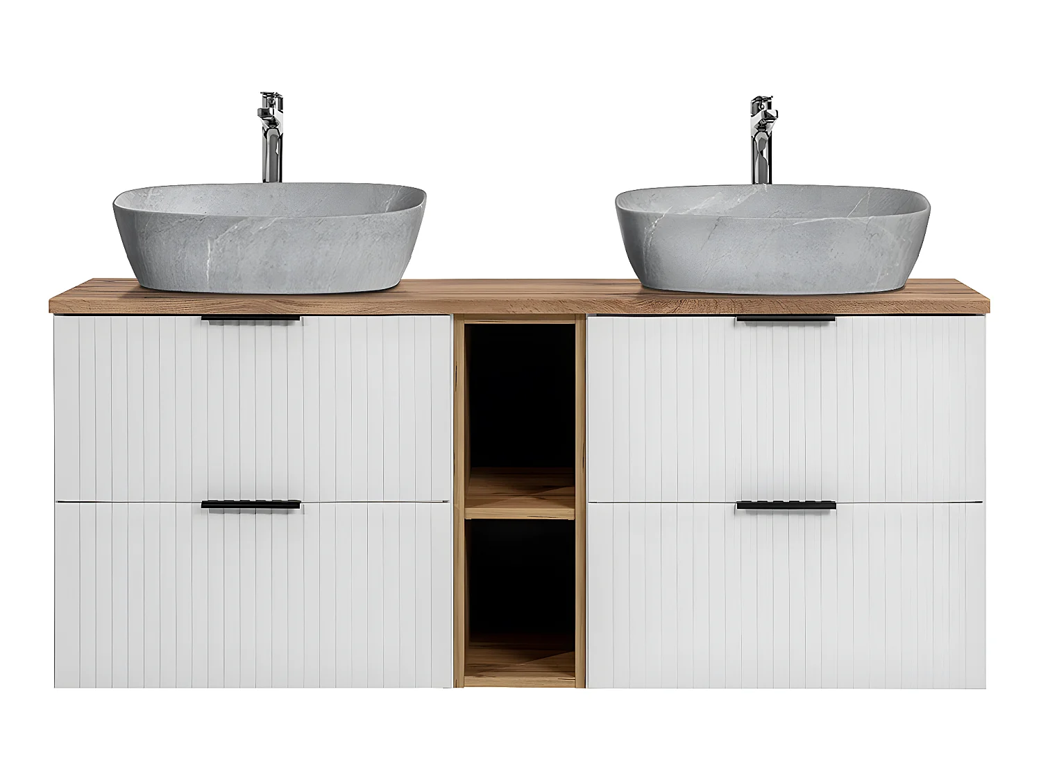 Meuble double vasque effet pierre 140cm 2 niches Adriel Blanc