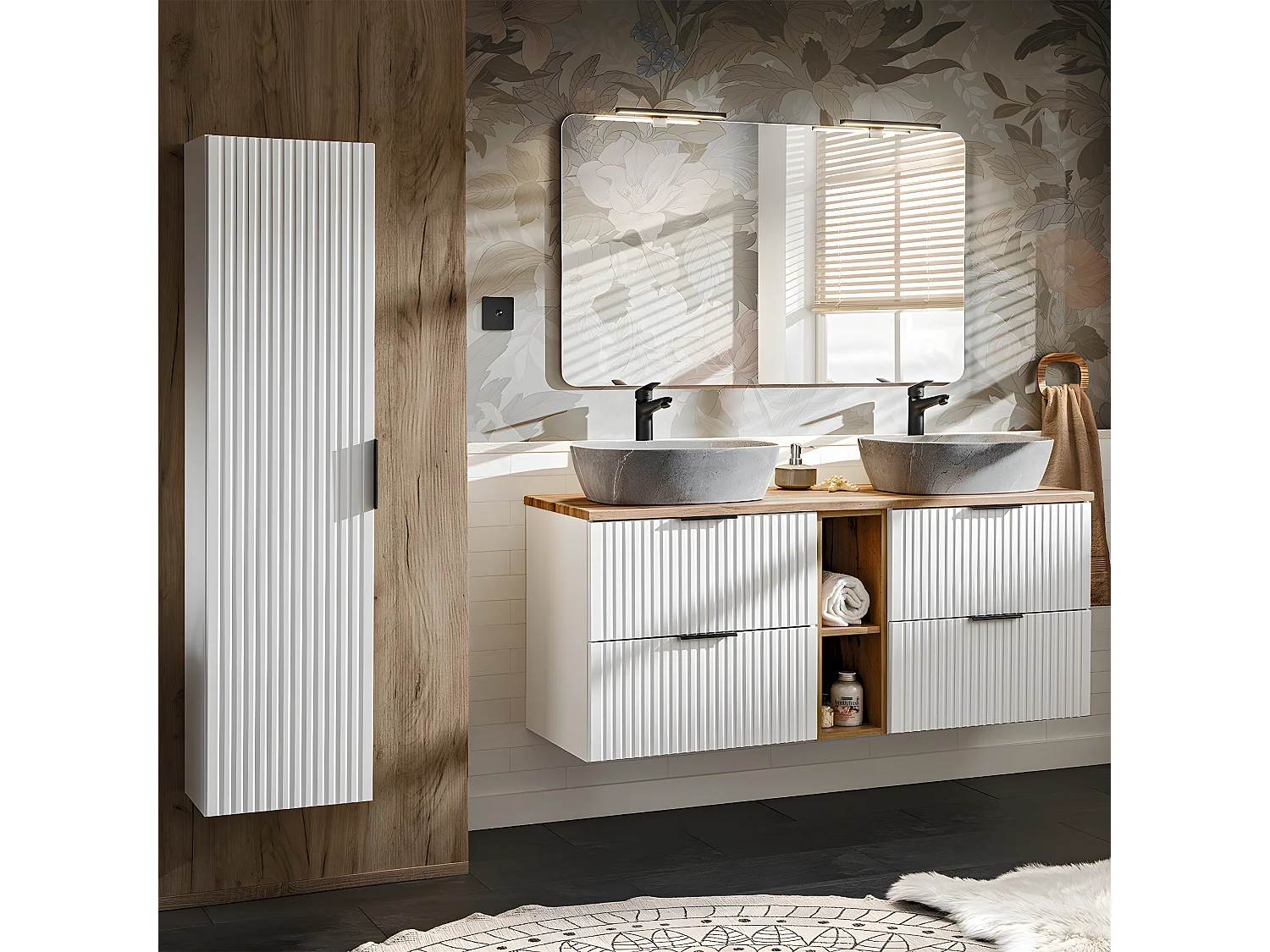 Meuble double vasque effet pierre 140cm 2 niches Adriel Blanc