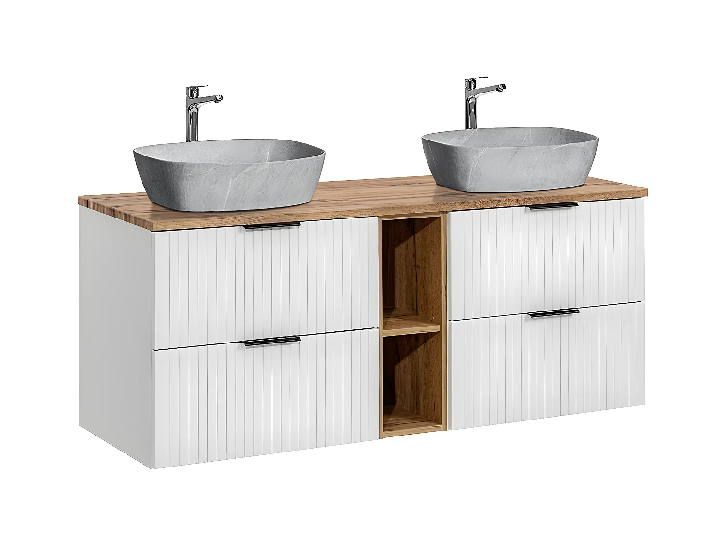 Meuble double vasque effet pierre 140cm 2 niches Adriel Blanc
