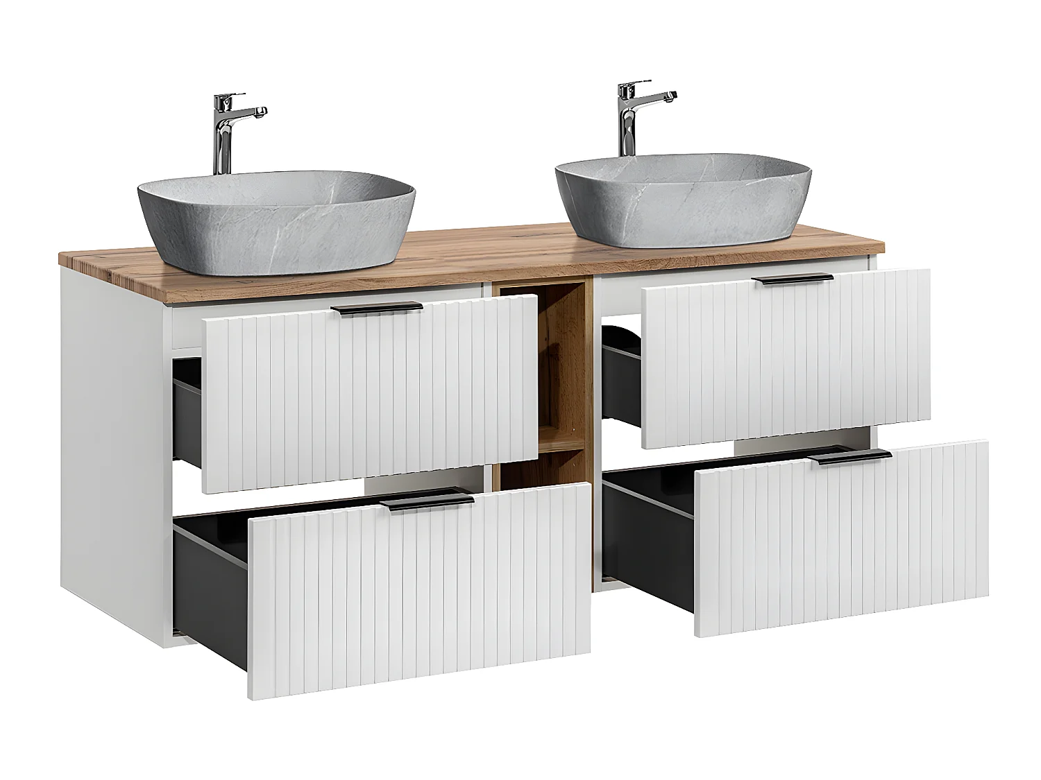 Mueble doble lavabo efecto piedra 140 cm 2 nichos Adriel blanco