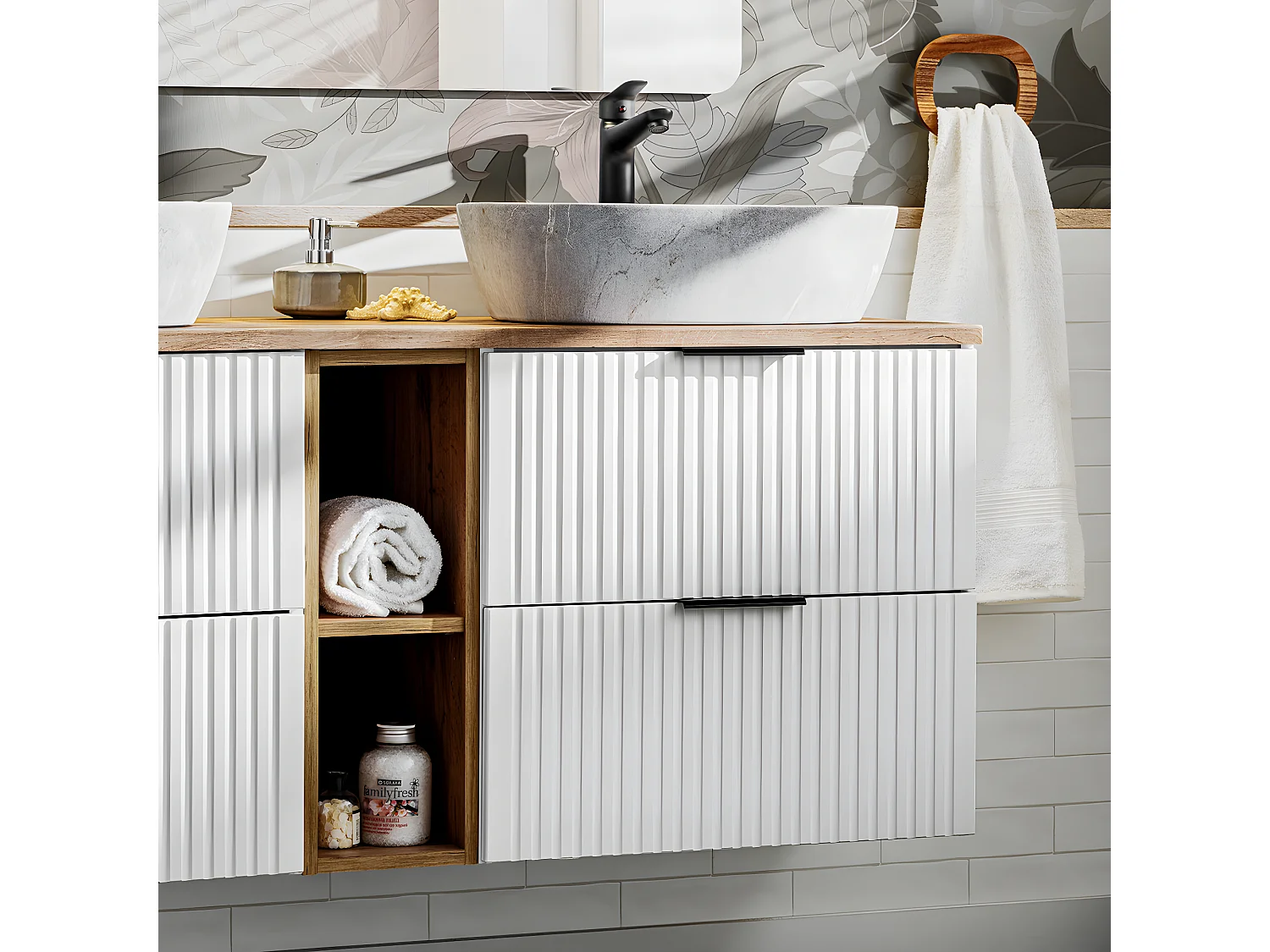 Mueble doble lavabo efecto piedra 140 cm 2 nichos Adriel blanco