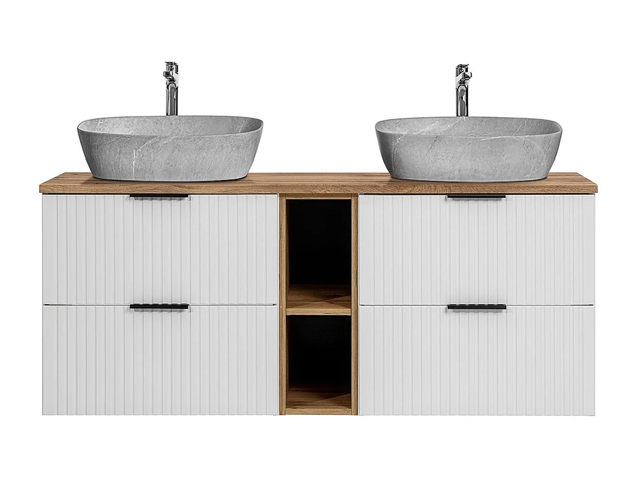 Dobbelt håndvask med steneffekt 140 cm 2 nicher Adriel White