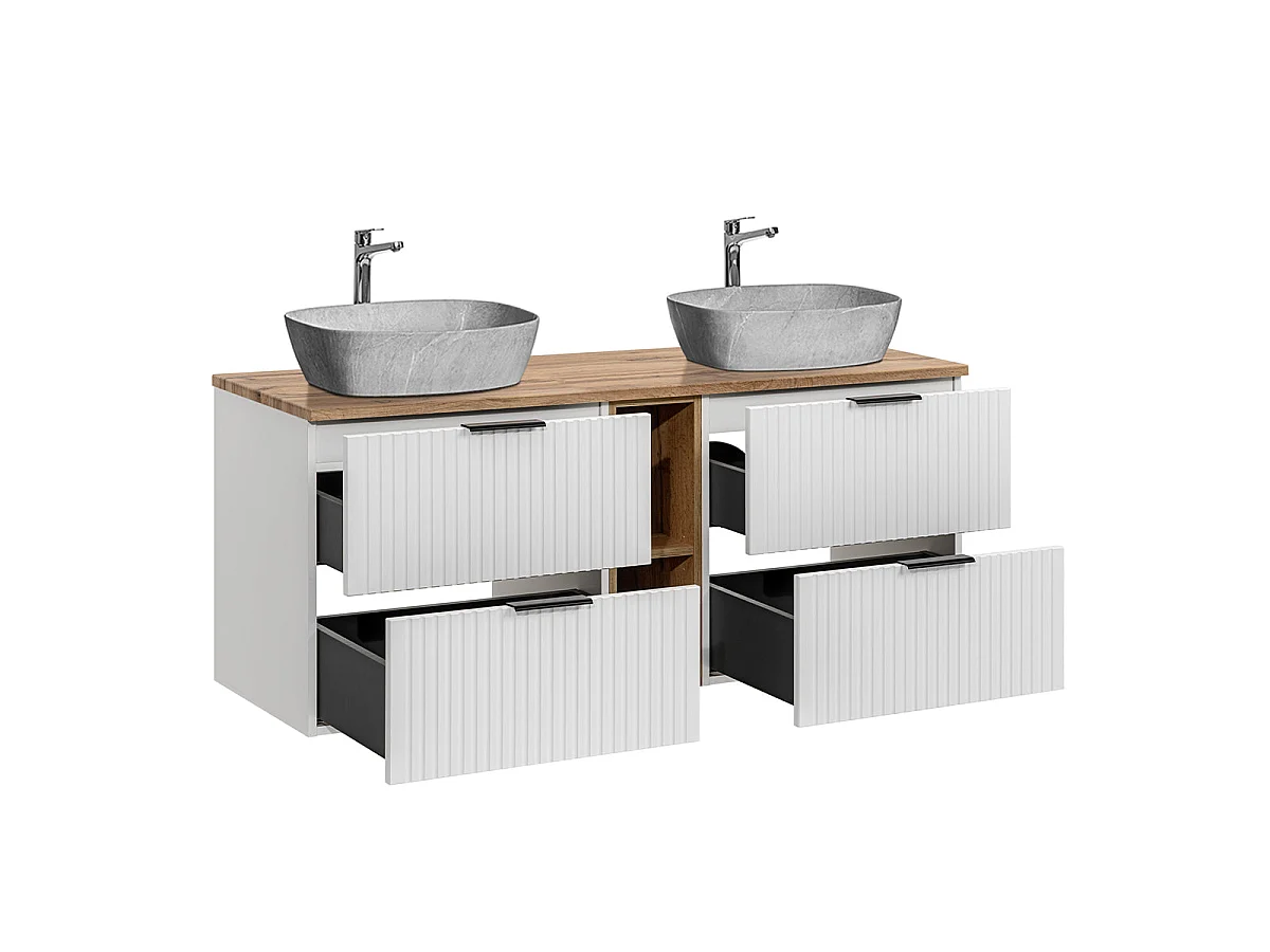 Meuble double vasque effet pierre 140cm 2 niches Adriel Blanc