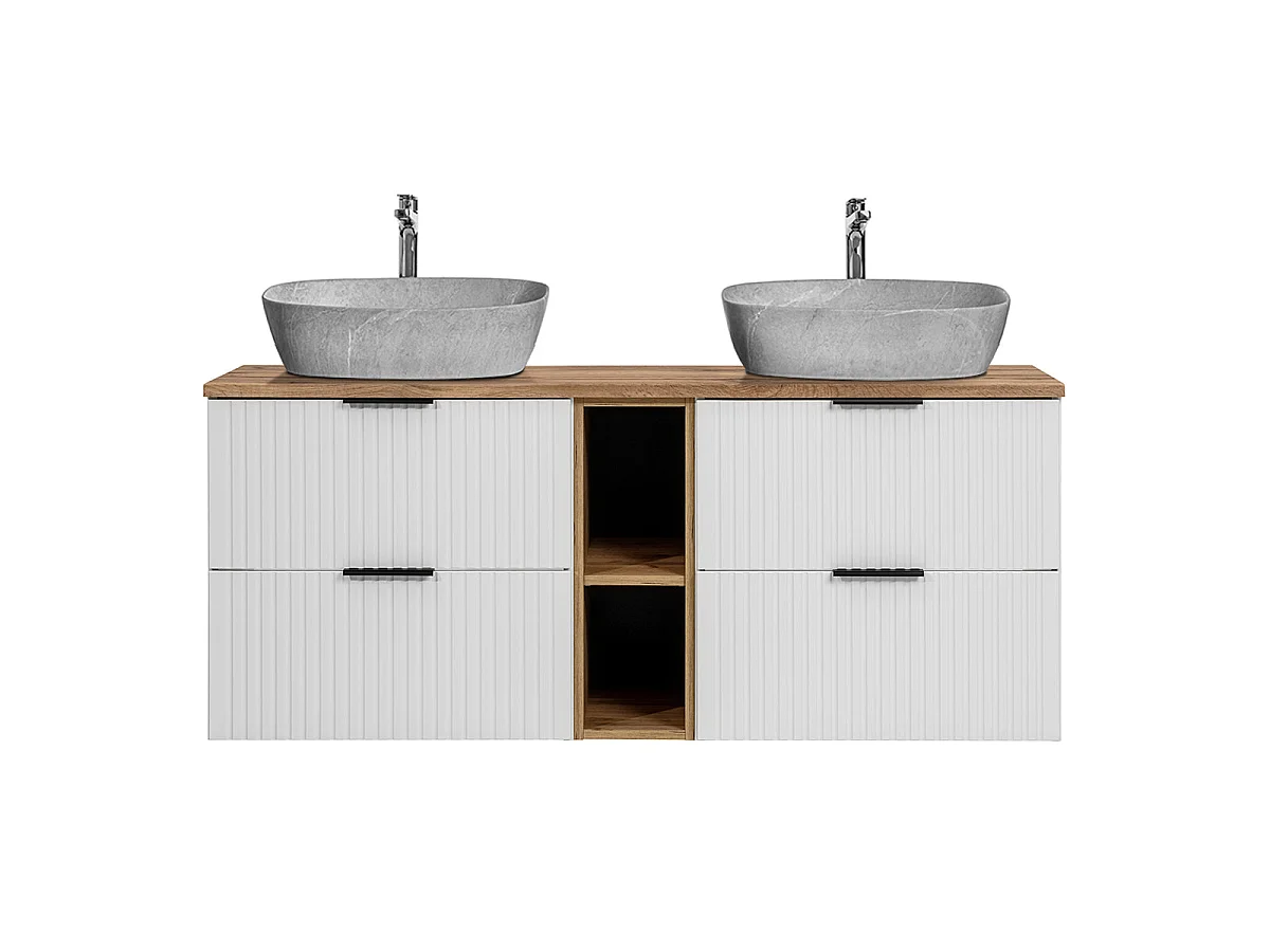 Meuble double vasque effet pierre 140cm 2 niches Adriel Blanc