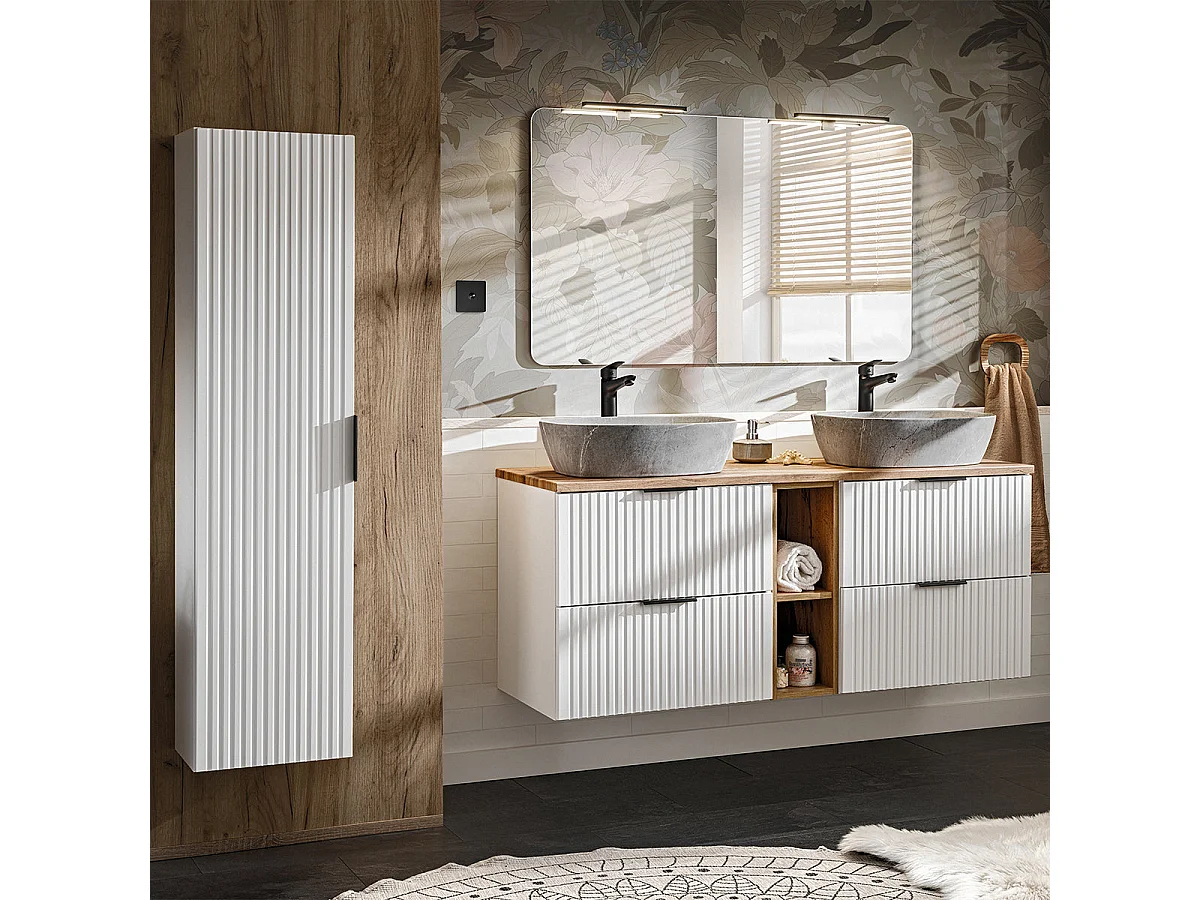 Meuble double vasque effet pierre 140cm 2 niches Adriel Blanc