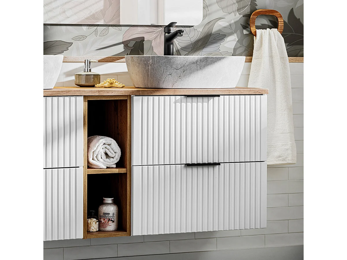 Meuble double vasque effet pierre 140cm 2 niches Adriel Blanc