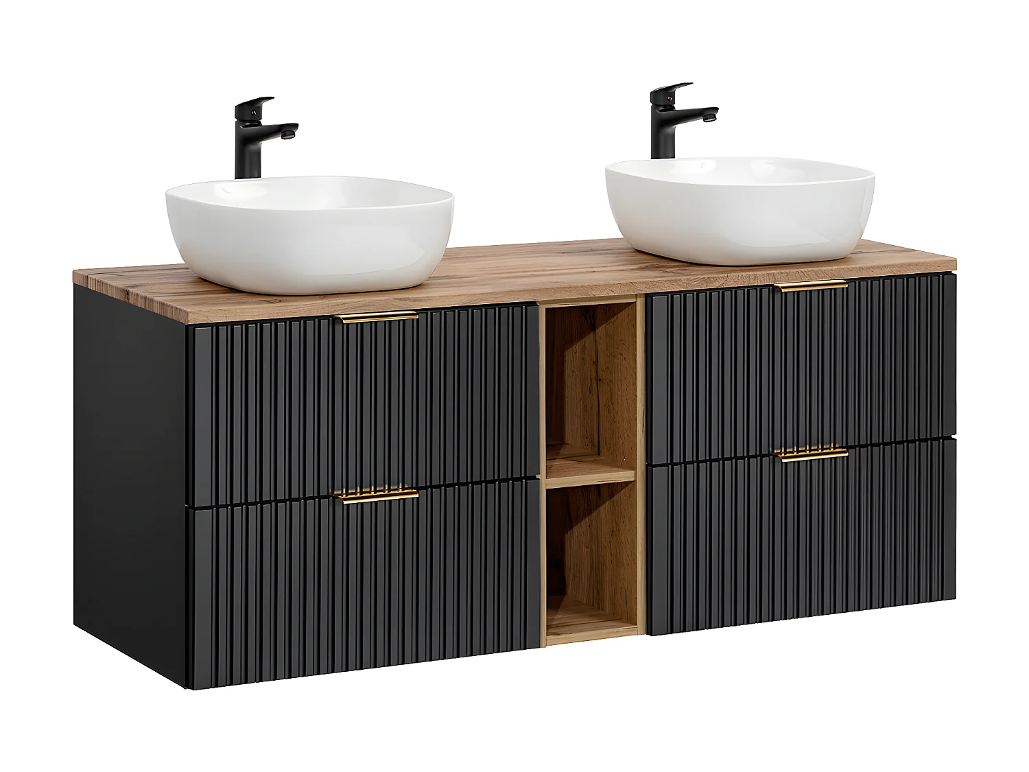 Meuble double vasque 140cm 2 niches Adriel Noir et Bois