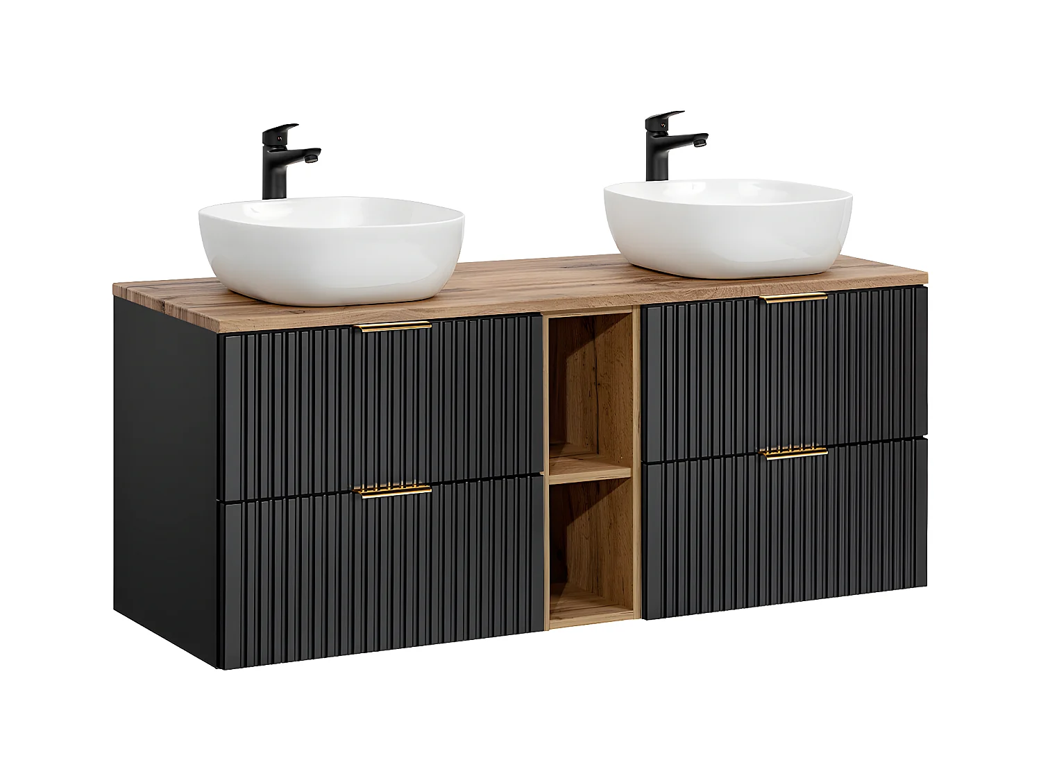 Meuble double vasque 140cm 2 niches Adriel Noir et Bois