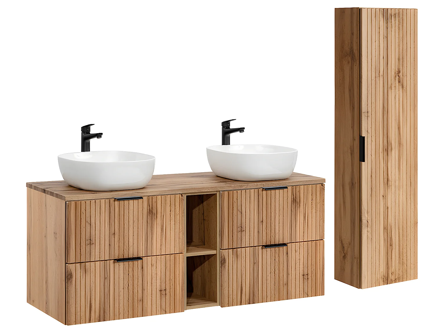 Ensemble meuble double vasque 140cm 2 niches et colonne Adriel Bois