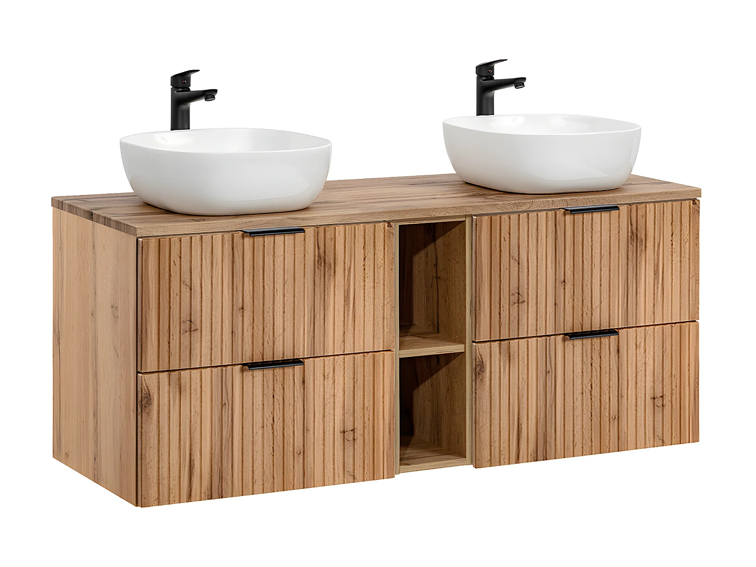 Ensemble meuble double vasque 140cm 2 niches et colonne Adriel Bois