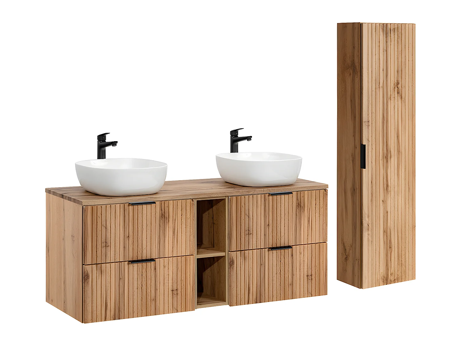 Ensemble meuble double vasque 140cm 2 niches et colonne Adriel Bois