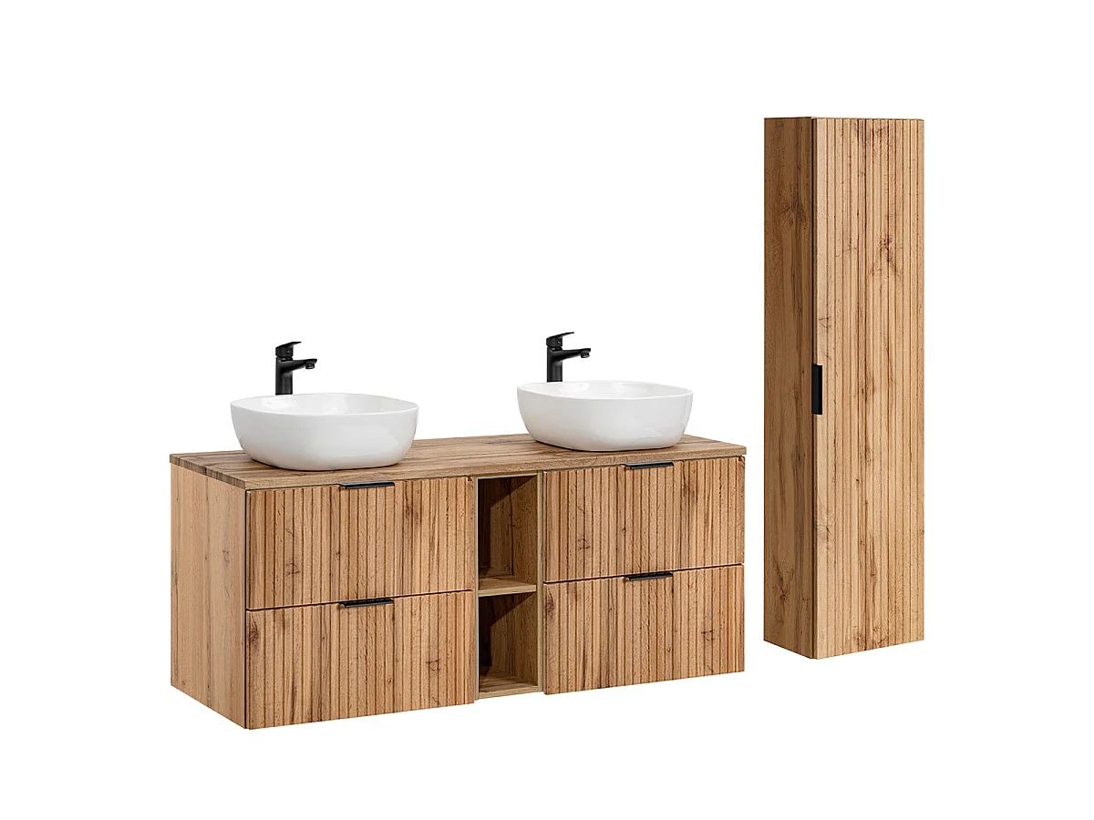 Ensemble meuble double vasque 140cm 2 niches et colonne Adriel Bois