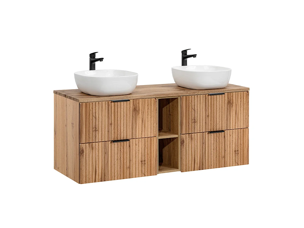 Ensemble meuble double vasque 140cm 2 niches et colonne Adriel Bois